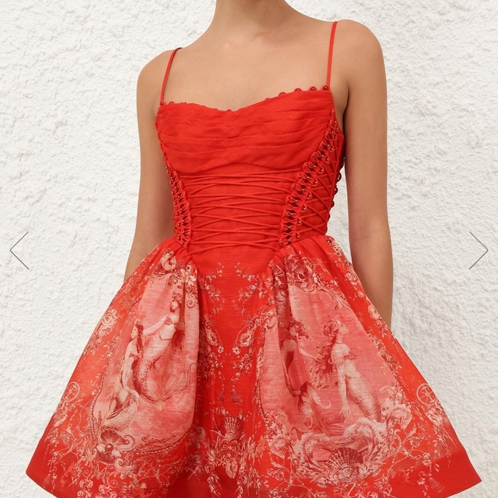 Zimmermann Red Lace-Up Bodice Mini Dress